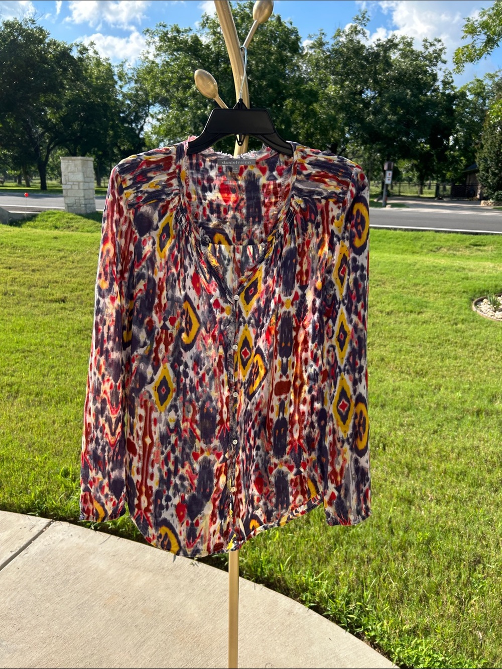 Daniel Rainn Hi-Low Multicolor Raw Edge Long Sleeve Rayon Blouse Top Size: M